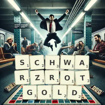 Kreative Illustration für ein Scrabble-Spiel, bei dem das Wort SCHWARZROTGOLD mit Steinen auf dem Brett gelegt wurde.