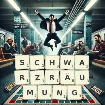 Kreative Illustration für ein Scrabble-Spiel, bei dem das Wort SCHWARZRÄUMUNG mit Steinen auf dem Brett gelegt wurde.