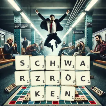 Kreative Illustration für ein Scrabble-Spiel, bei dem das Wort SCHWARZRÖCKEN mit Steinen auf dem Brett gelegt wurde.
