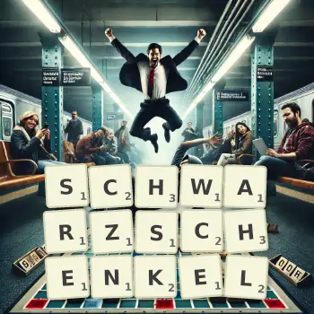 Kreative Illustration für ein Scrabble-Spiel, bei dem das Wort SCHWARZSCHENKEL mit Steinen auf dem Brett gelegt wurde.