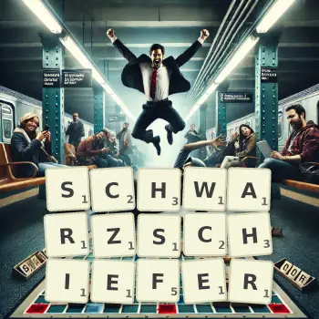 Kreative Illustration für ein Scrabble-Spiel, bei dem das Wort SCHWARZSCHIEFER mit Steinen auf dem Brett gelegt wurde.