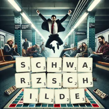 Kreative Illustration für ein Scrabble-Spiel, bei dem das Wort SCHWARZSCHILDE mit Steinen auf dem Brett gelegt wurde.