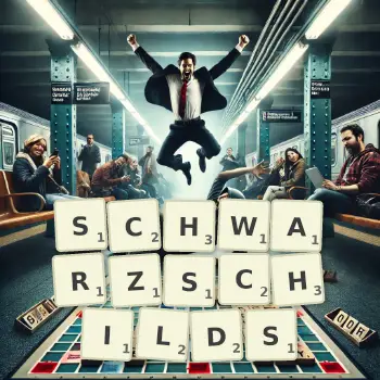 Kreative Illustration für ein Scrabble-Spiel, bei dem das Wort SCHWARZSCHILDS mit Steinen auf dem Brett gelegt wurde.