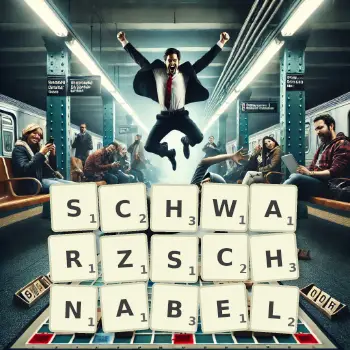 Kreative Illustration für ein Scrabble-Spiel, bei dem das Wort SCHWARZSCHNABEL mit Steinen auf dem Brett gelegt wurde.
