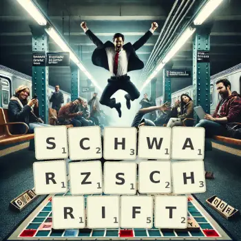 Kreative Illustration für ein Scrabble-Spiel, bei dem das Wort SCHWARZSCHRIFT mit Steinen auf dem Brett gelegt wurde.