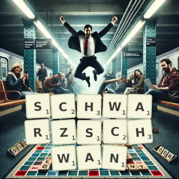 Kreative Illustration für ein Scrabble-Spiel, bei dem das Wort SCHWARZSCHWAN mit Steinen auf dem Brett gelegt wurde.