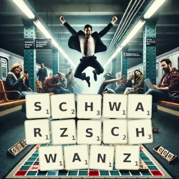 Kreative Illustration für ein Scrabble-Spiel, bei dem das Wort SCHWARZSCHWANZ mit Steinen auf dem Brett gelegt wurde.
