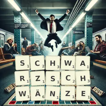 Kreative Illustration für ein Scrabble-Spiel, bei dem das Wort SCHWARZSCHWÄNZE mit Steinen auf dem Brett gelegt wurde.