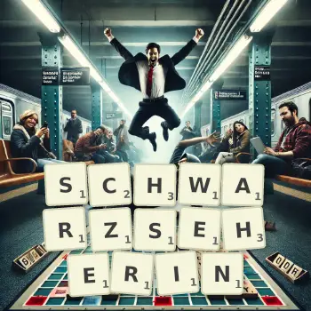 Kreative Illustration für ein Scrabble-Spiel, bei dem das Wort SCHWARZSEHERIN mit Steinen auf dem Brett gelegt wurde.