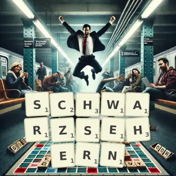Kreative Illustration für ein Scrabble-Spiel, bei dem das Wort SCHWARZSEHERN mit Steinen auf dem Brett gelegt wurde.