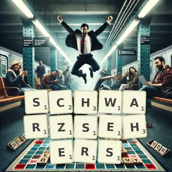 Kreative Illustration für ein Scrabble-Spiel, bei dem das Wort SCHWARZSEHERS mit Steinen auf dem Brett gelegt wurde.