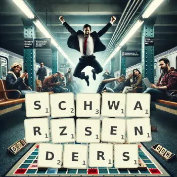 Kreative Illustration für ein Scrabble-Spiel, bei dem das Wort SCHWARZSENDERS mit Steinen auf dem Brett gelegt wurde.