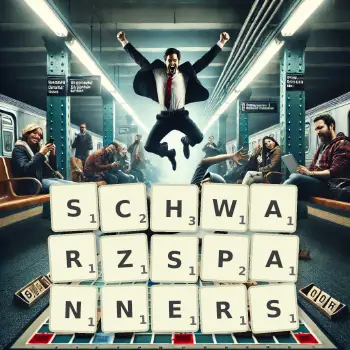 Kreative Illustration für ein Scrabble-Spiel, bei dem das Wort SCHWARZSPANNERS mit Steinen auf dem Brett gelegt wurde.