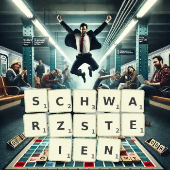 Kreative Illustration für ein Scrabble-Spiel, bei dem das Wort SCHWARZSTEIEN mit Steinen auf dem Brett gelegt wurde.