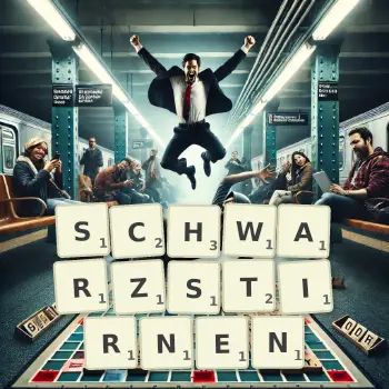Kreative Illustration für ein Scrabble-Spiel, bei dem das Wort SCHWARZSTIRNEN mit Steinen auf dem Brett gelegt wurde.