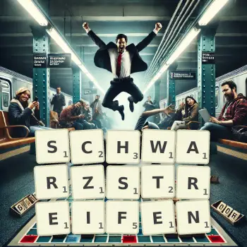 Kreative Illustration für ein Scrabble-Spiel, bei dem das Wort SCHWARZSTREIFEN mit Steinen auf dem Brett gelegt wurde.