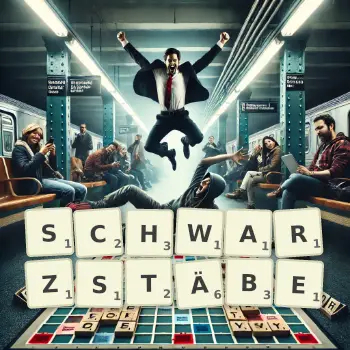 Kreative Illustration für ein Scrabble-Spiel, bei dem das Wort SCHWARZSTÄBE mit Steinen auf dem Brett gelegt wurde.