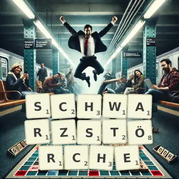 Kreative Illustration für ein Scrabble-Spiel, bei dem das Wort SCHWARZSTÖRCHE mit Steinen auf dem Brett gelegt wurde.