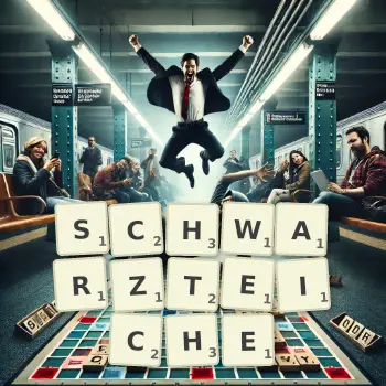 Kreative Illustration für ein Scrabble-Spiel, bei dem das Wort SCHWARZTEICHE mit Steinen auf dem Brett gelegt wurde.