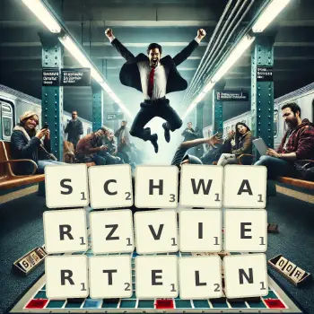 Kreative Illustration für ein Scrabble-Spiel, bei dem das Wort SCHWARZVIERTELN mit Steinen auf dem Brett gelegt wurde.