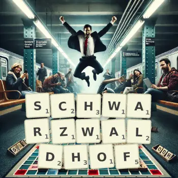 Kreative Illustration für ein Scrabble-Spiel, bei dem das Wort SCHWARZWALDHOF mit Steinen auf dem Brett gelegt wurde.