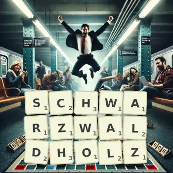 Kreative Illustration für ein Scrabble-Spiel, bei dem das Wort SCHWARZWALDHOLZ mit Steinen auf dem Brett gelegt wurde.