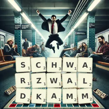 Kreative Illustration für ein Scrabble-Spiel, bei dem das Wort SCHWARZWALDKAMM mit Steinen auf dem Brett gelegt wurde.