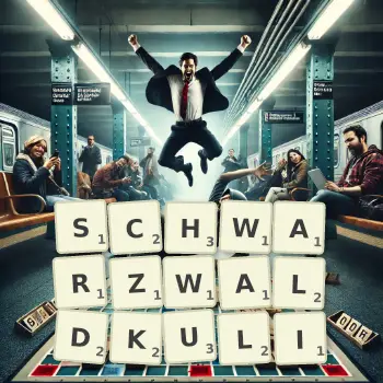 Kreative Illustration für ein Scrabble-Spiel, bei dem das Wort SCHWARZWALDKULI mit Steinen auf dem Brett gelegt wurde.