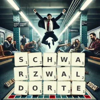 Kreative Illustration für ein Scrabble-Spiel, bei dem das Wort SCHWARZWALDORTE mit Steinen auf dem Brett gelegt wurde.