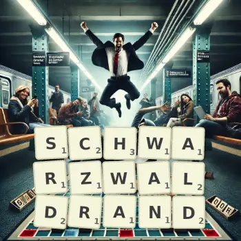 Kreative Illustration für ein Scrabble-Spiel, bei dem das Wort SCHWARZWALDRAND mit Steinen auf dem Brett gelegt wurde.