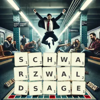 Kreative Illustration für ein Scrabble-Spiel, bei dem das Wort SCHWARZWALDSAGE mit Steinen auf dem Brett gelegt wurde.