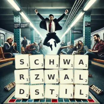 Kreative Illustration für ein Scrabble-Spiel, bei dem das Wort SCHWARZWALDSTIL mit Steinen auf dem Brett gelegt wurde.