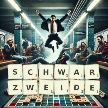 Kreative Illustration für ein Scrabble-Spiel, bei dem das Wort SCHWARZWEIDE mit Steinen auf dem Brett gelegt wurde.