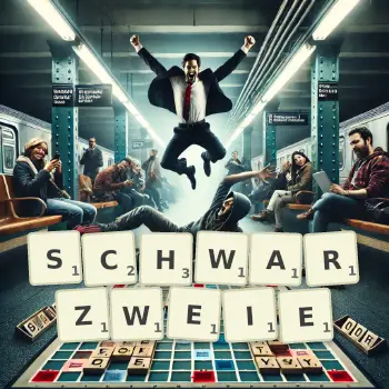 Kreative Illustration für ein Scrabble-Spiel, bei dem das Wort SCHWARZWEIE mit Steinen auf dem Brett gelegt wurde.