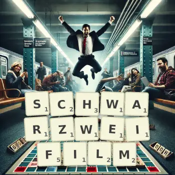 Kreative Illustration für ein Scrabble-Spiel, bei dem das Wort SCHWARZWEIFILM mit Steinen auf dem Brett gelegt wurde.