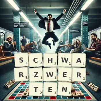 Kreative Illustration für ein Scrabble-Spiel, bei dem das Wort SCHWARZWERTEN mit Steinen auf dem Brett gelegt wurde.