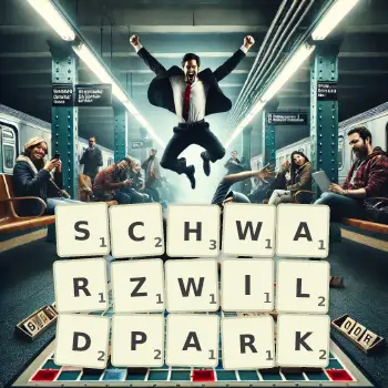 Kreative Illustration für ein Scrabble-Spiel, bei dem das Wort SCHWARZWILDPARK mit Steinen auf dem Brett gelegt wurde.