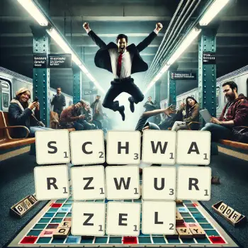 Kreative Illustration für ein Scrabble-Spiel, bei dem das Wort SCHWARZWURZEL mit Steinen auf dem Brett gelegt wurde.