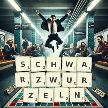 Kreative Illustration für ein Scrabble-Spiel, bei dem das Wort SCHWARZWURZELN mit Steinen auf dem Brett gelegt wurde.
