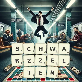 Kreative Illustration für ein Scrabble-Spiel, bei dem das Wort SCHWARZZELTEN mit Steinen auf dem Brett gelegt wurde.