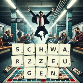 Kreative Illustration für ein Scrabble-Spiel, bei dem das Wort SCHWARZZEUGEN mit Steinen auf dem Brett gelegt wurde.