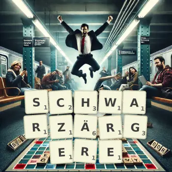 Kreative Illustration für ein Scrabble-Spiel, bei dem das Wort SCHWARZÄRGERE mit Steinen auf dem Brett gelegt wurde.