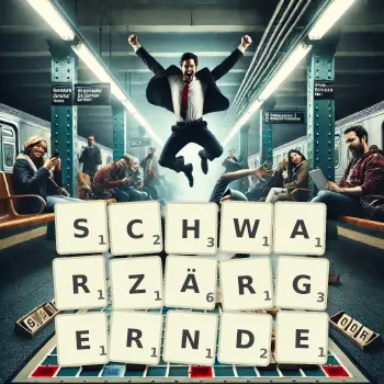 Kreative Illustration für ein Scrabble-Spiel, bei dem das Wort SCHWARZÄRGERNDE mit Steinen auf dem Brett gelegt wurde.