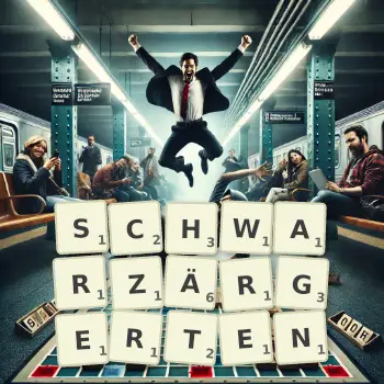 Kreative Illustration für ein Scrabble-Spiel, bei dem das Wort SCHWARZÄRGERTEN mit Steinen auf dem Brett gelegt wurde.