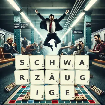 Kreative Illustration für ein Scrabble-Spiel, bei dem das Wort SCHWARZÄUGIGE mit Steinen auf dem Brett gelegt wurde.