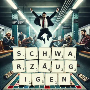 Kreative Illustration für ein Scrabble-Spiel, bei dem das Wort SCHWARZÄUGIGEN mit Steinen auf dem Brett gelegt wurde.