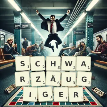 Kreative Illustration für ein Scrabble-Spiel, bei dem das Wort SCHWARZÄUGIGER mit Steinen auf dem Brett gelegt wurde.