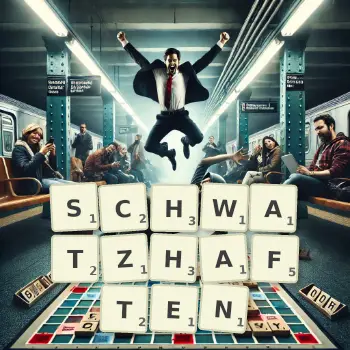 Kreative Illustration für ein Scrabble-Spiel, bei dem das Wort SCHWATZHAFTEN mit Steinen auf dem Brett gelegt wurde.