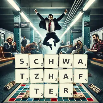 Kreative Illustration für ein Scrabble-Spiel, bei dem das Wort SCHWATZHAFTER mit Steinen auf dem Brett gelegt wurde.