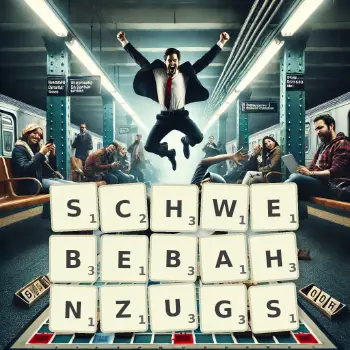 Kreative Illustration für ein Scrabble-Spiel, bei dem das Wort SCHWEBEBAHNZUGS mit Steinen auf dem Brett gelegt wurde.